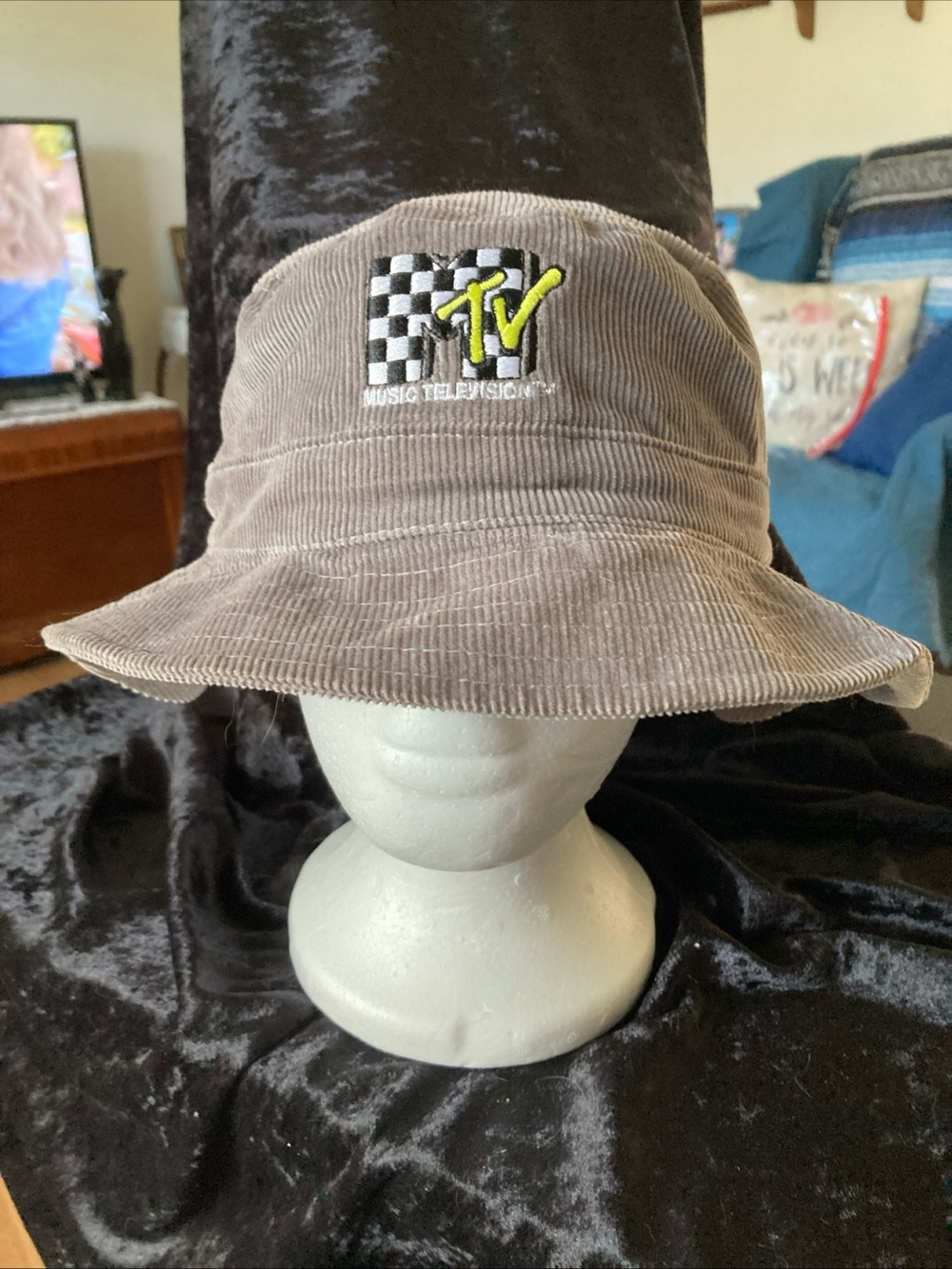 MTV Taupe Corduroy Bucket Hat with Neon Yellow Logo
